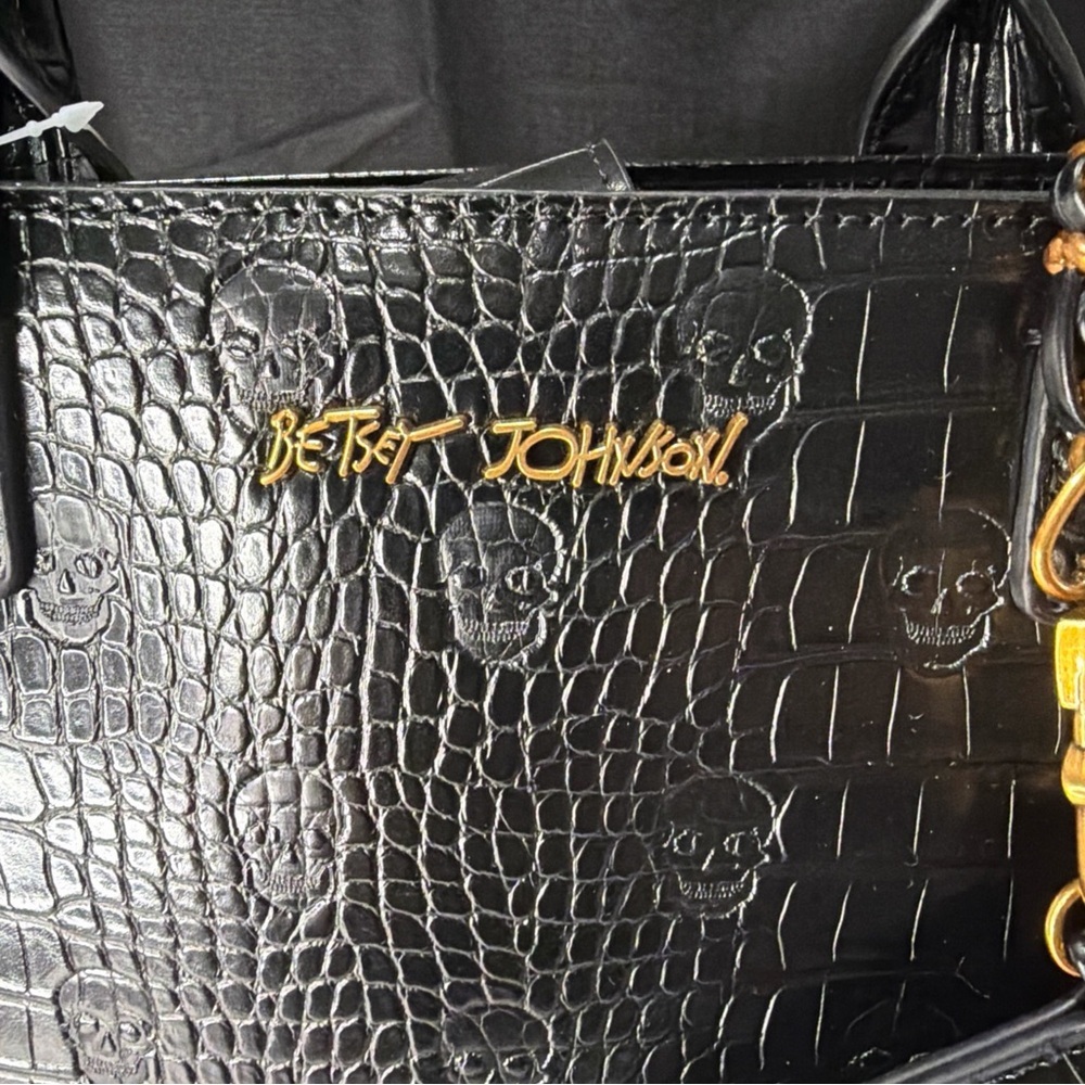 Betsey Johnson Black Croc-Embossed Tote with Gold Chain Accents - Picture 3 of 11